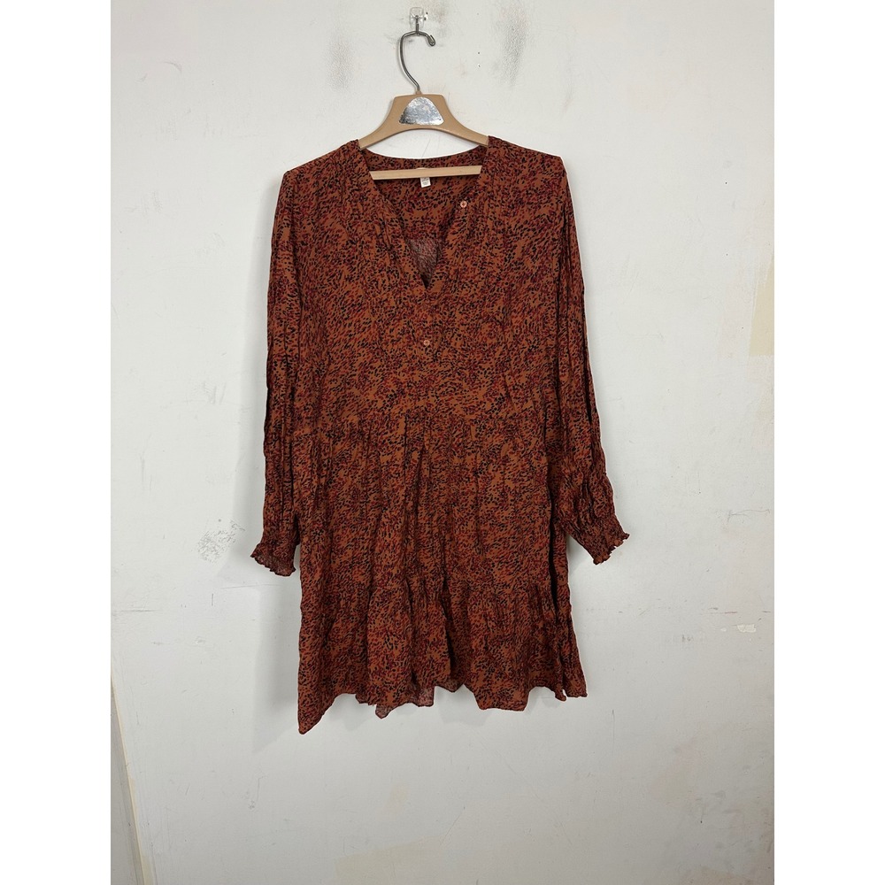 Terra & Sky Womens 1X Burnt Orange Animal Print Tiered Long Sleeve Mini Dress